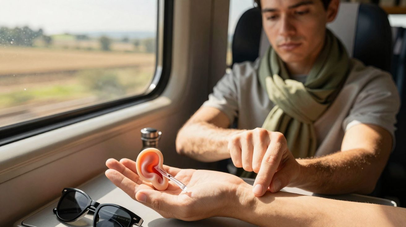 Man on train holding a large model ear and pointing at the veins on his forearm near a window and sunglasses.