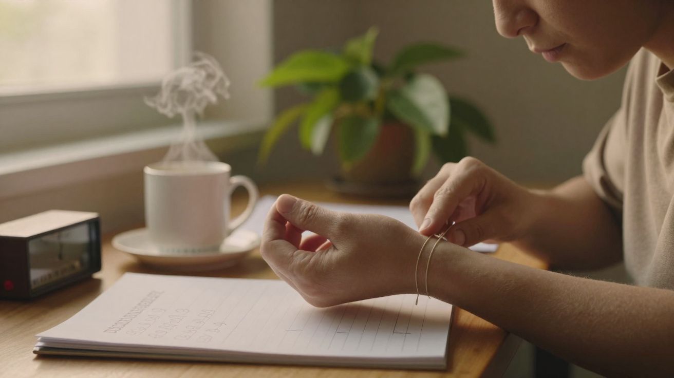 Person wearing a bracelet in front of a notebook, steaming cup by the window, and green potted plant in soft light.