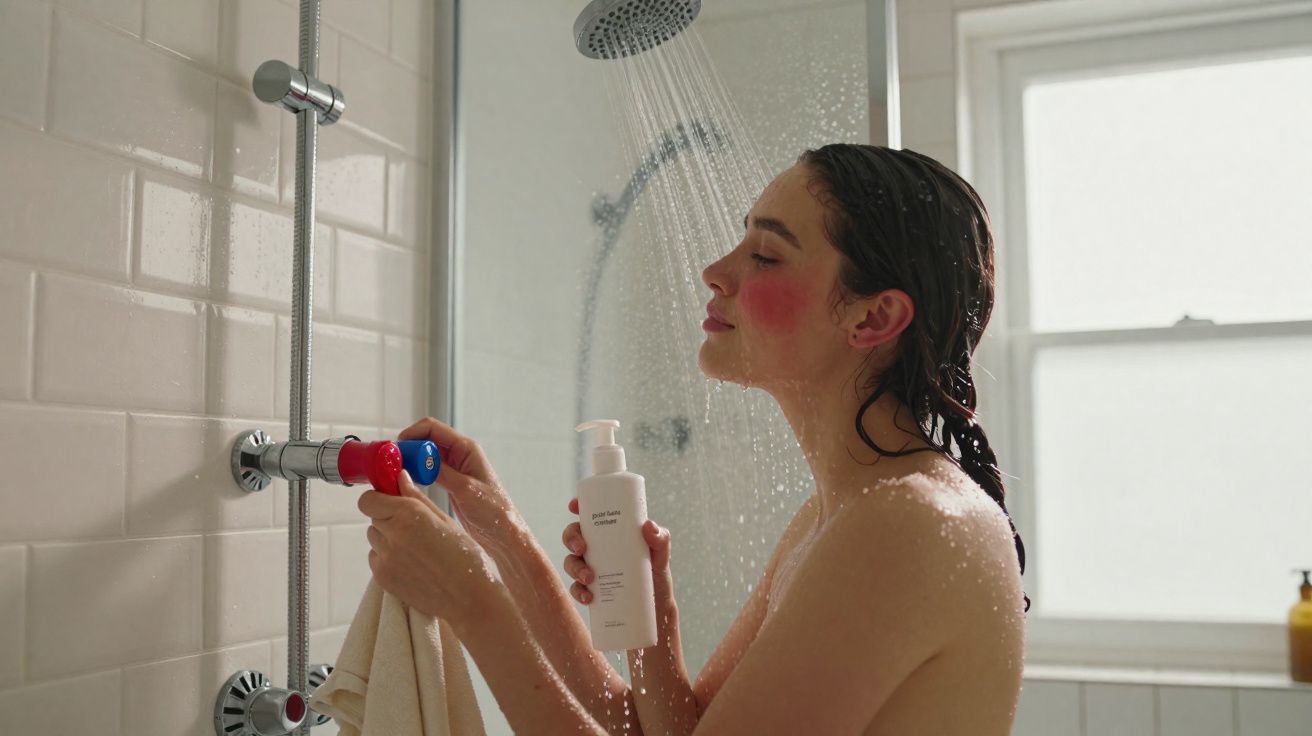 Woman adjusting shower temperature with one hand and holding a white bottle of shower gel under running water