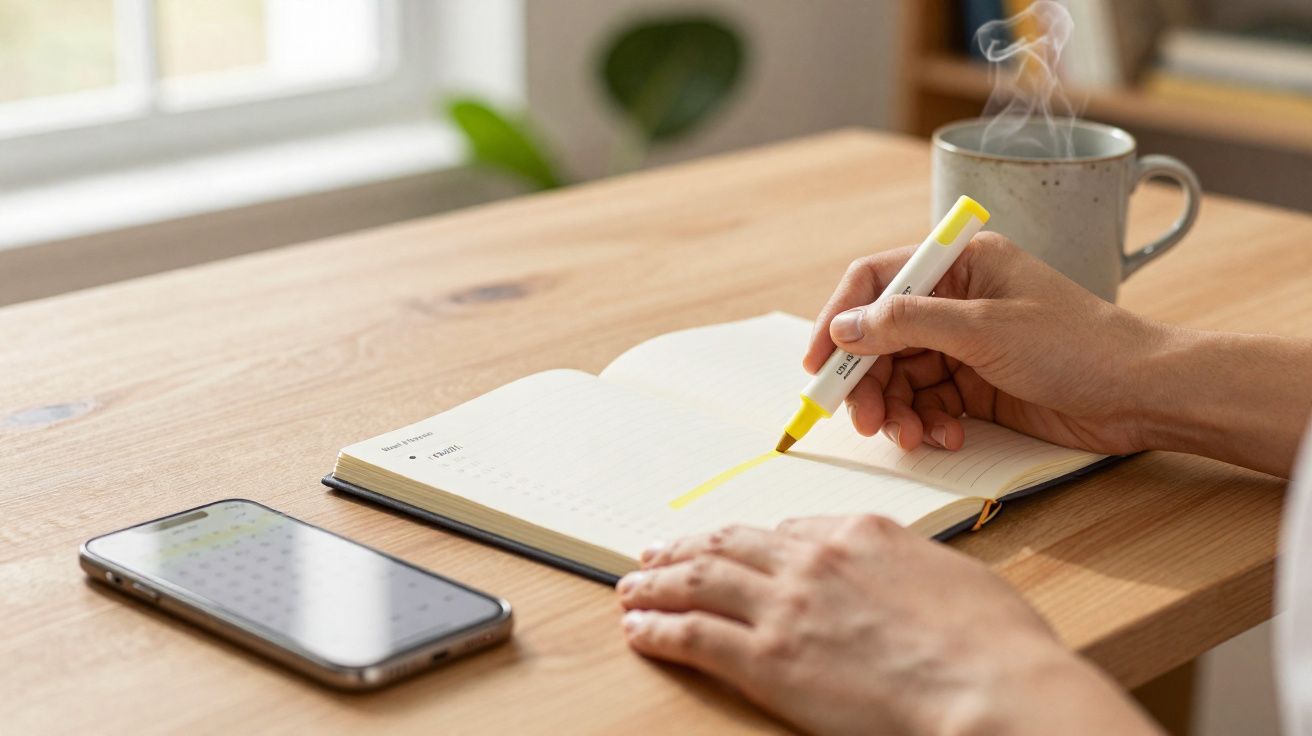 Person highlighting a page in a notebook with a yellow marker beside a smartphone and a steaming mug on a wooden table.