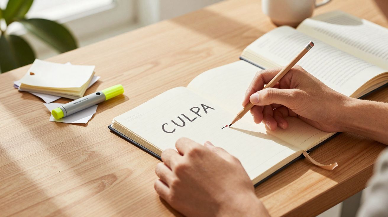 Person writing the word "CULPA" in a notebook on a wooden table with a pencil and highlighter nearby.