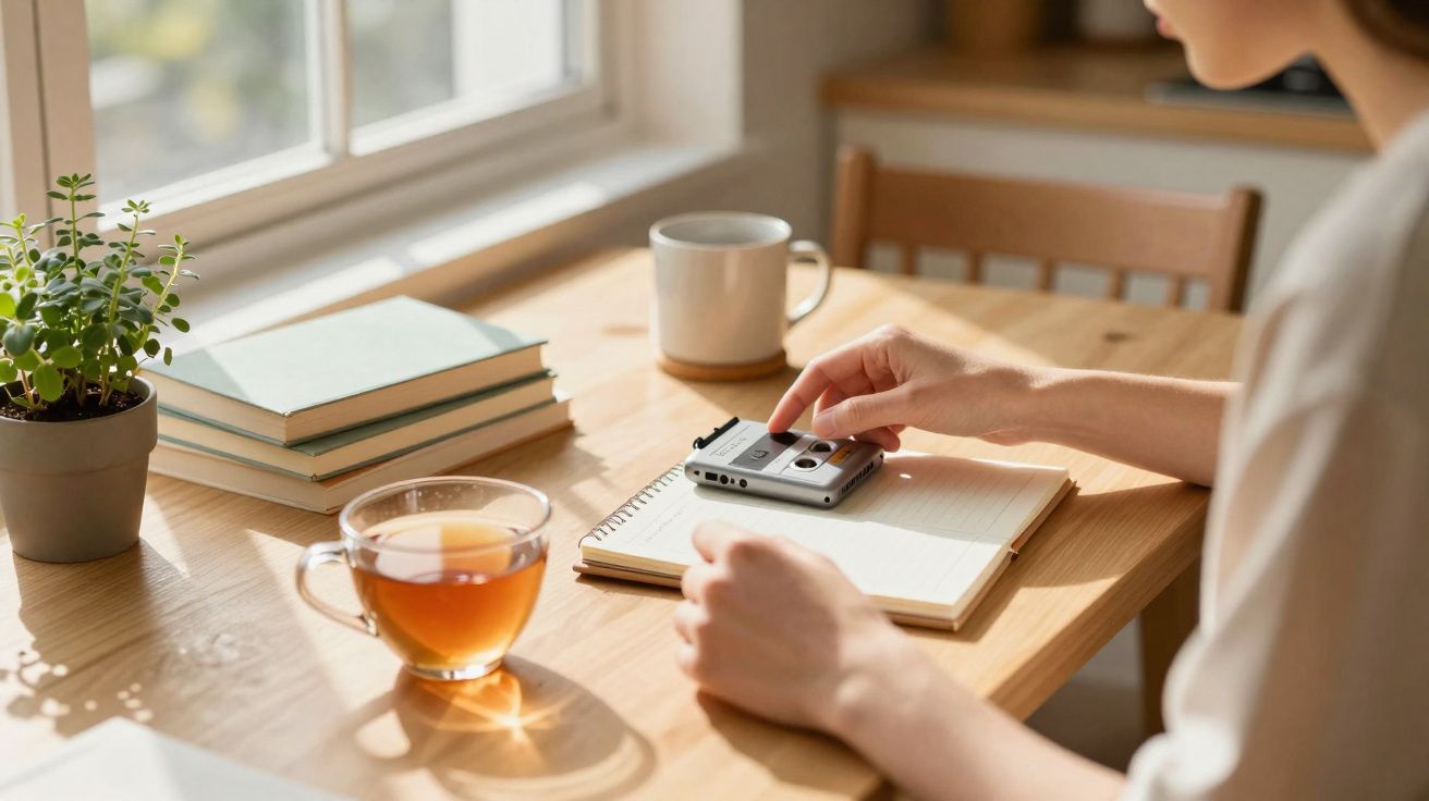 Person using a portable cassette recorder on a notebook at a sunlit wooden table with tea and books nearby