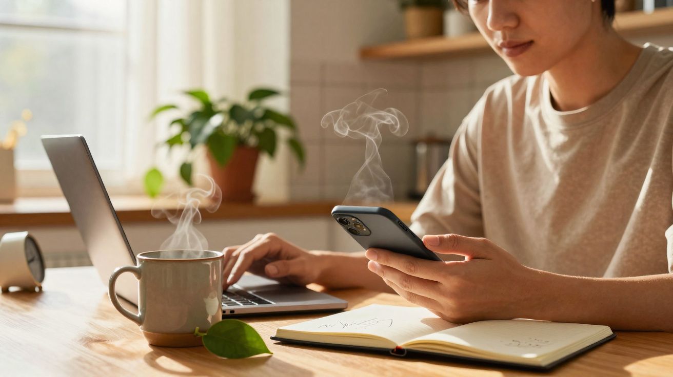Person using smartphone and laptop at a wooden table with a steaming mug and open notebook in a bright room.