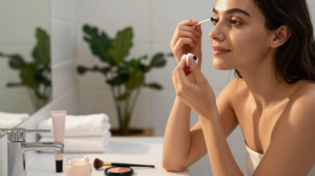 Woman applying mascara in a bright bathroom with plants and makeup products on the counter.