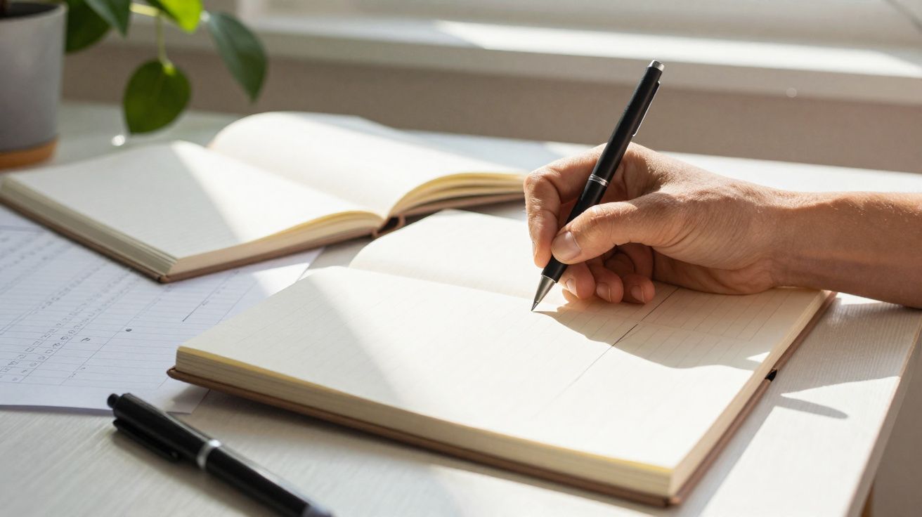 Hand holding a pen writing in an open notebook on a sunlit desk with another notebook and papers nearby.