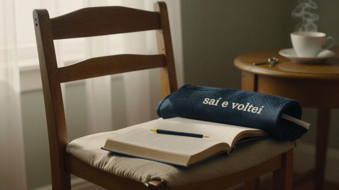 Wooden chair with an open book, pencil, and a blue pencil case with Portuguese text, next to a steaming cup on a table.