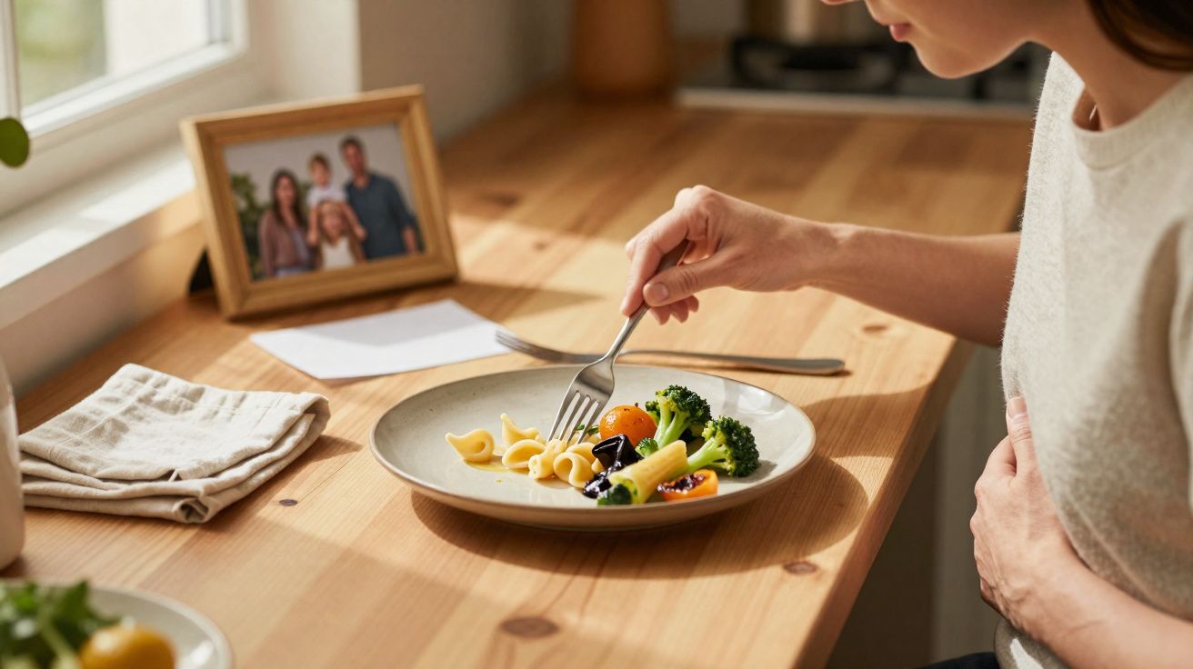 Woman holding her stomach while eating a small portion of pasta and vegetables at a wooden table.