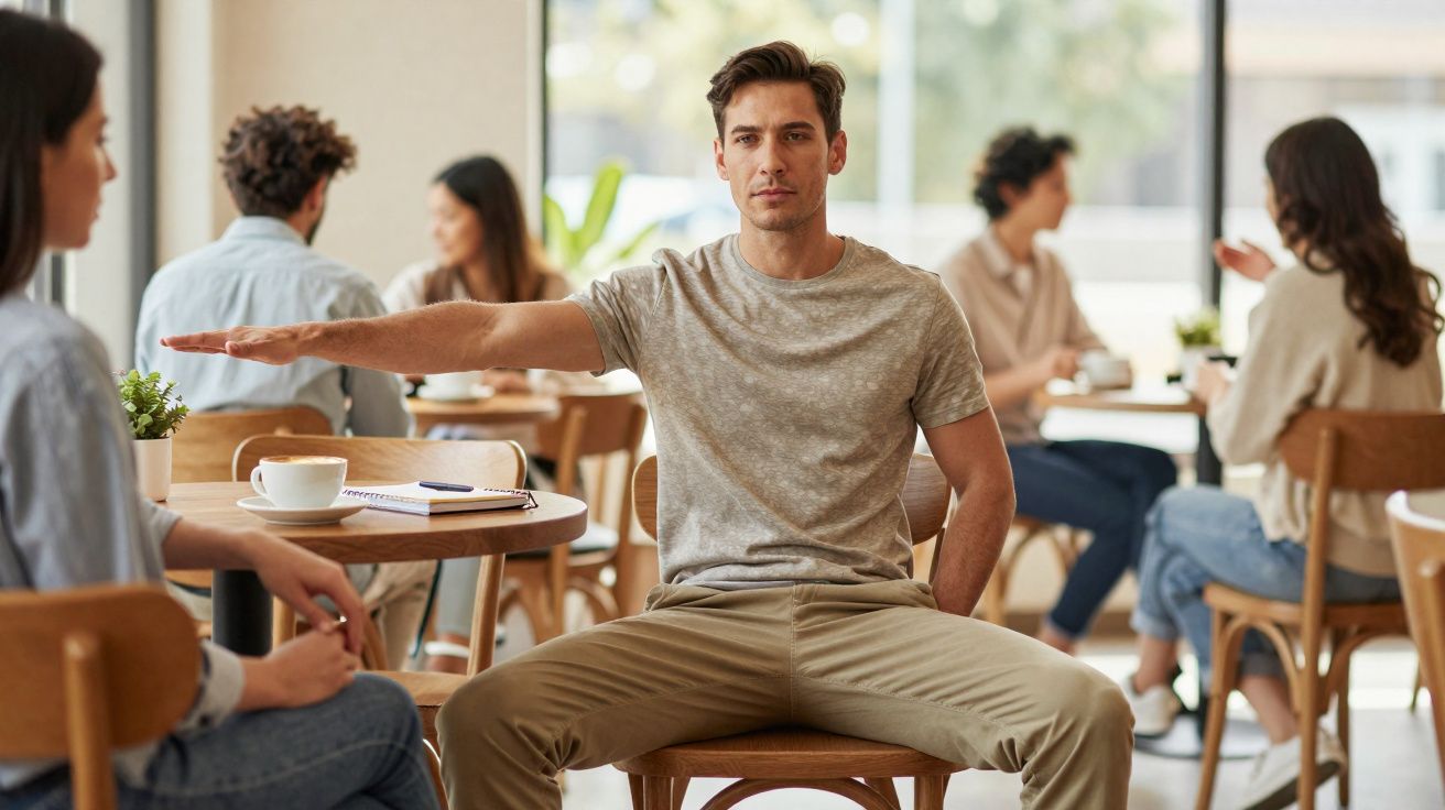 Man sitting with legs apart and arm extended, blocking woman seated opposite in a busy café.