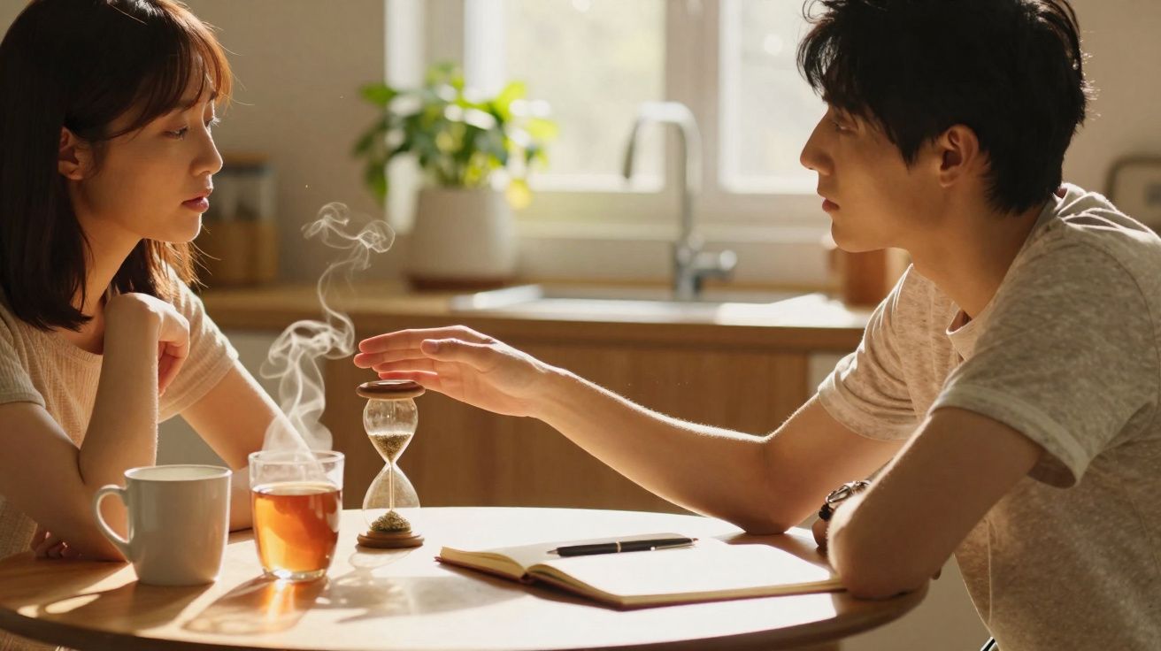 Two people sitting at a kitchen table with hot drinks and an hourglass between them in soft daylight.