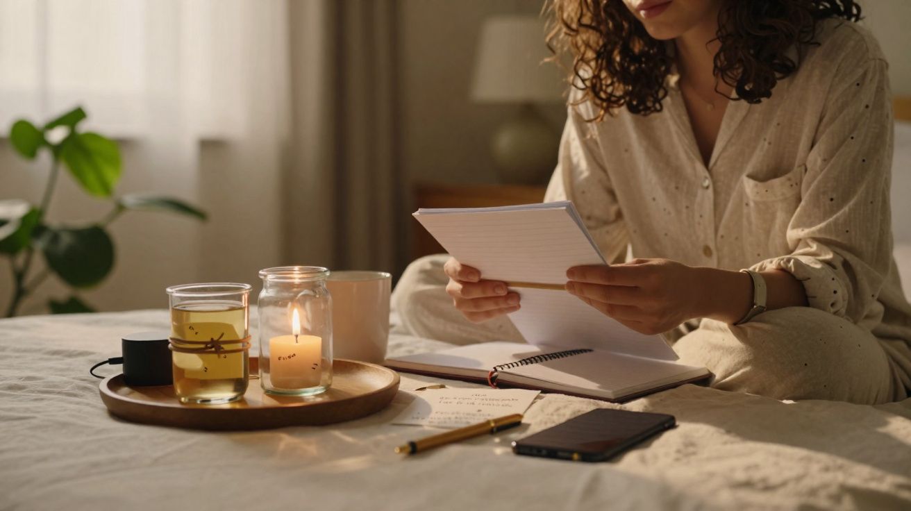 Woman in pajamas sitting on a bed reading notes with a lit candle, tea, and a phone on a wooden tray nearby.