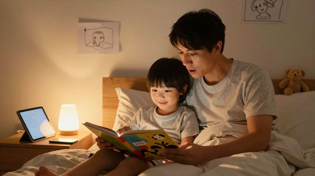Father and son reading a book together in bed at night, softly lit by a bedside lamp and tablet screen.