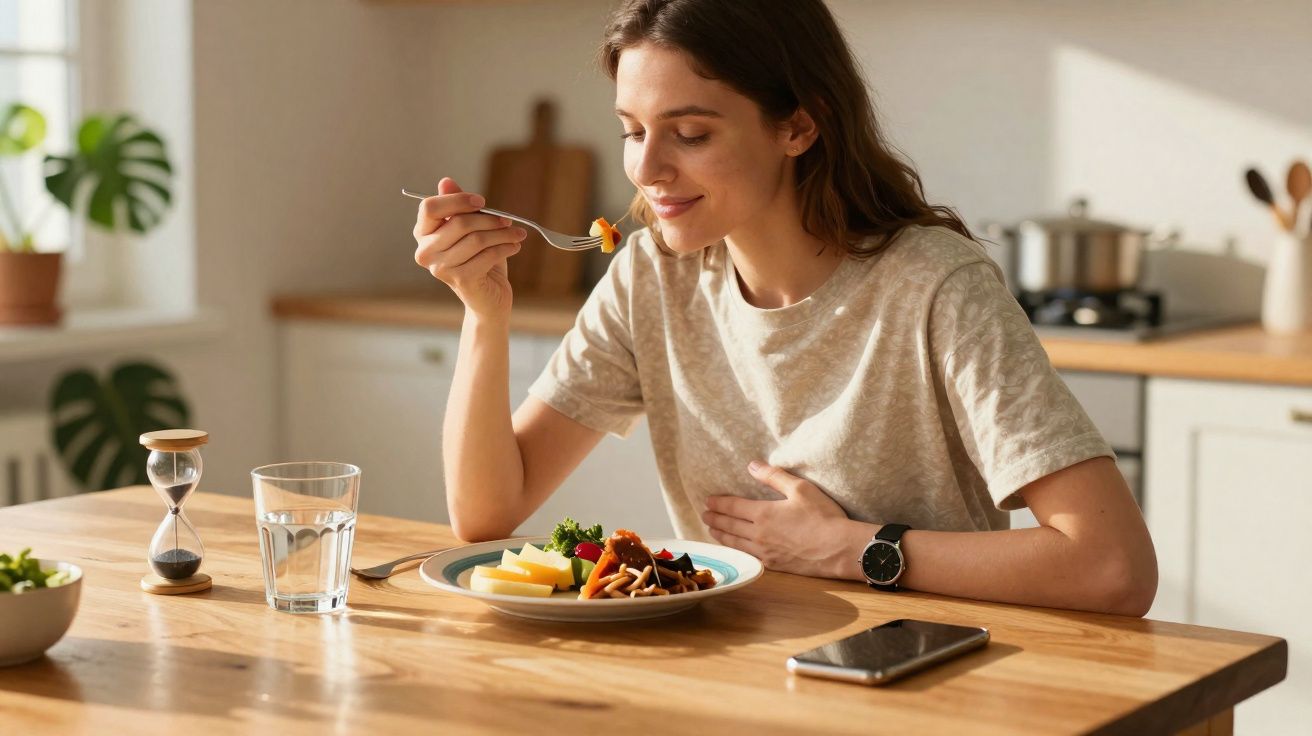 Woman enjoying a healthy meal at a wooden kitchen table with a glass of water and smartphone nearby