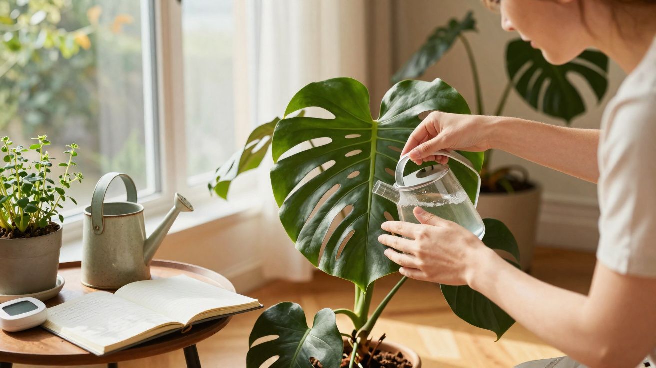 Person watering a large Monstera plant in a sunlit room next to a table with a watering can and open book.