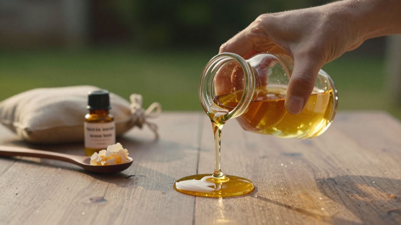 Hand pouring golden honey from a glass jar onto a wooden table with a small bottle and spoon in the background.