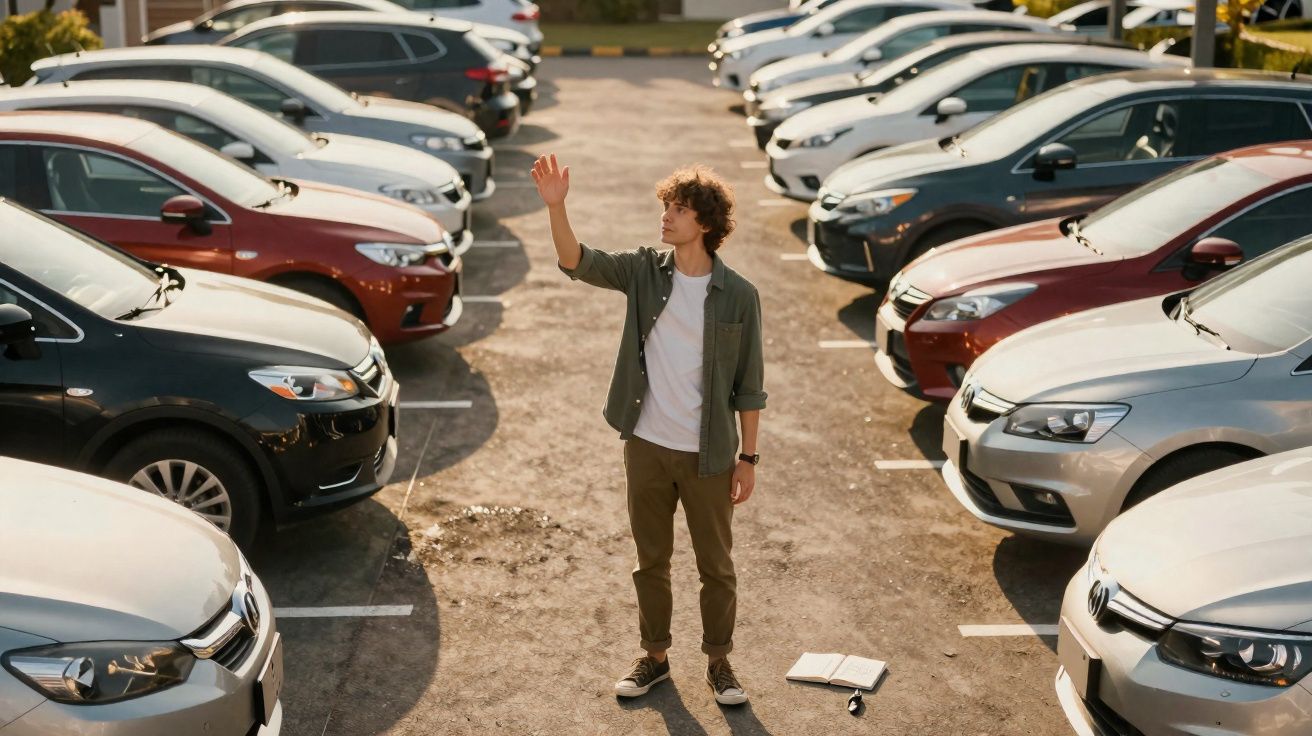 Young man standing in a car park surrounded by rows of parked cars, waving with an open notebook on the ground.