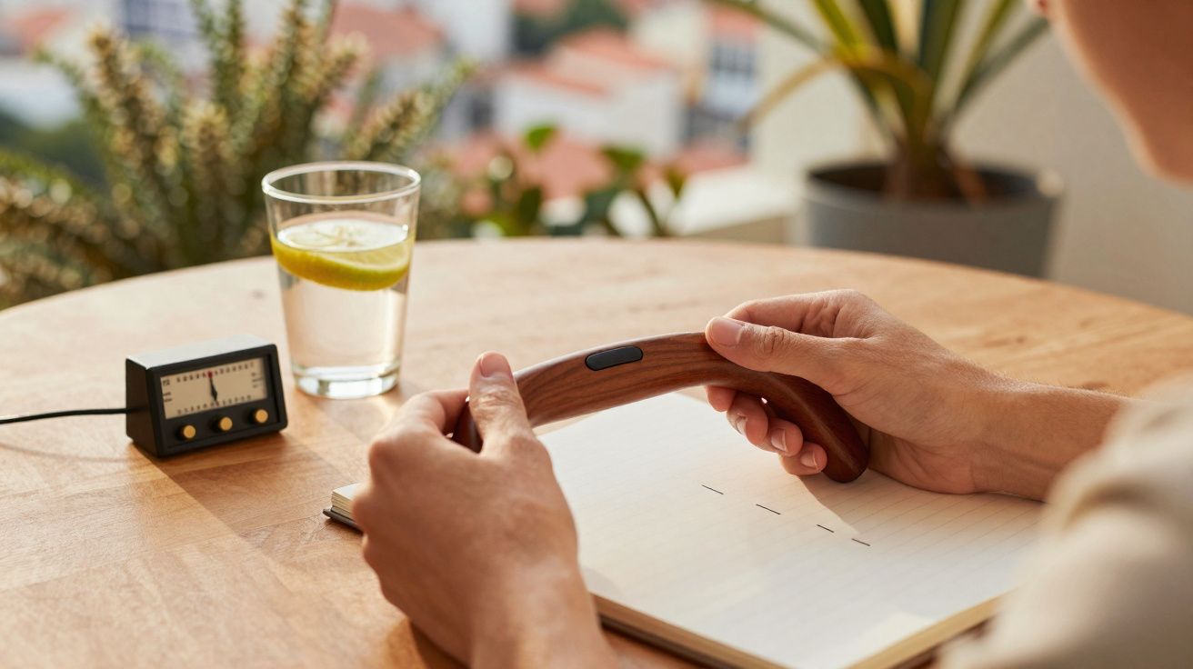 Hands holding a wooden metronome on a table with a notebook, glass of water, and plants in the background.