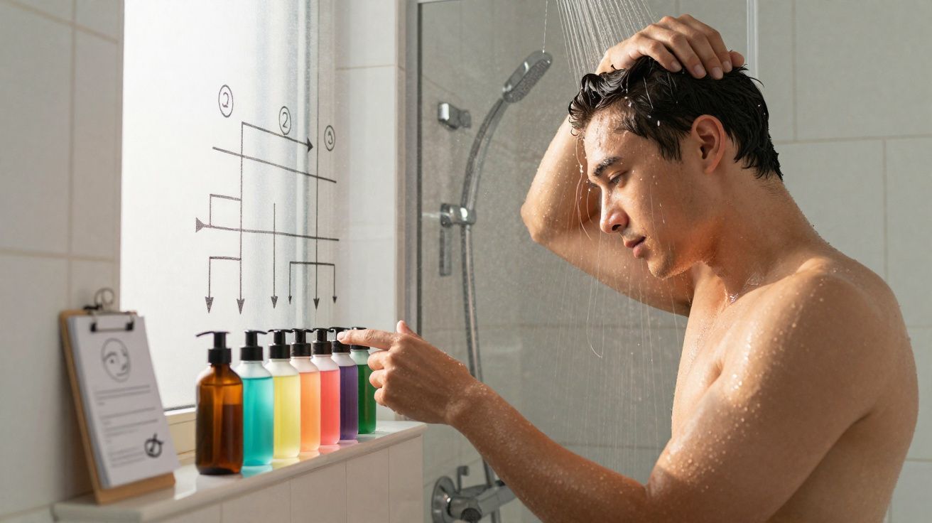 Man in shower selecting from six coloured liquid soap bottles on a windowsill with a shower diagram on the glass.