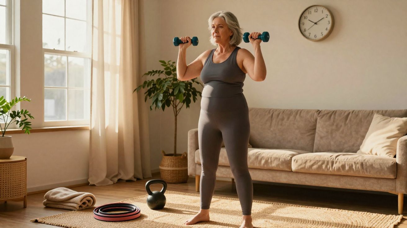 Older woman in grey activewear lifting dumbbells while exercising barefoot in a sunlit living room.