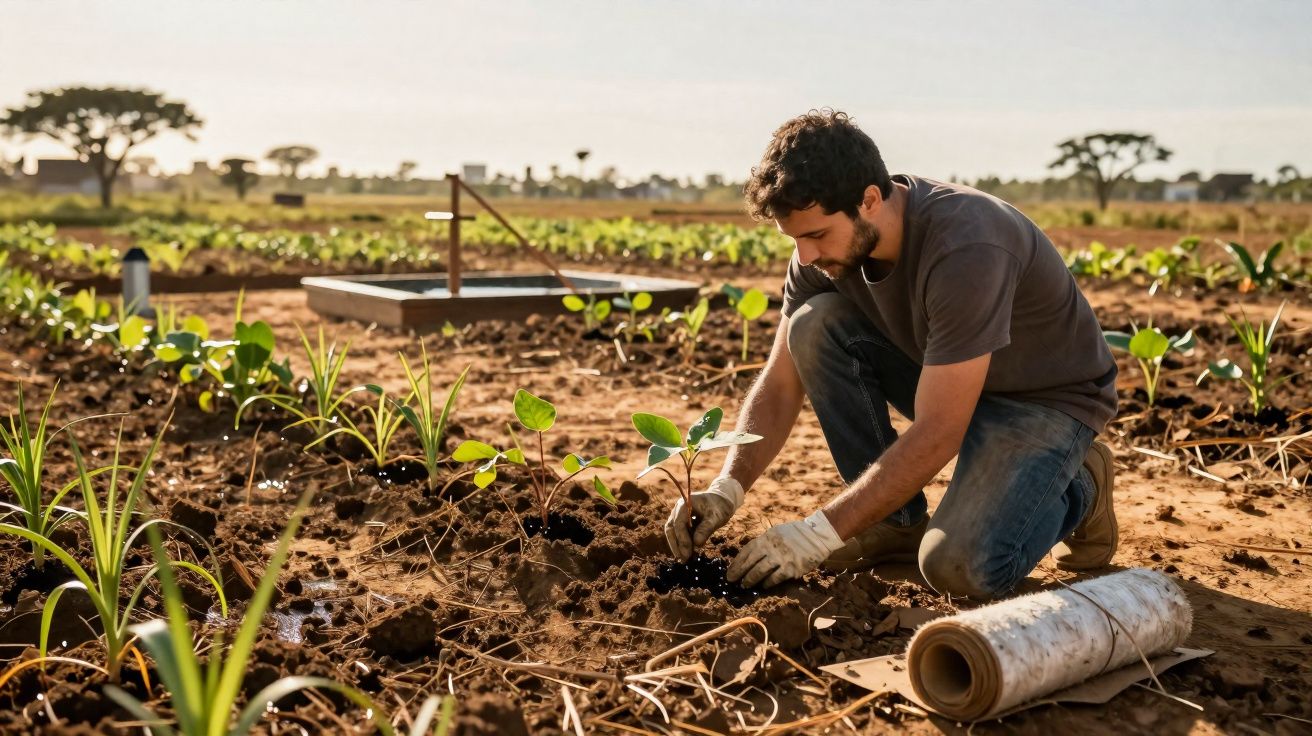 Man planting seedlings in a sunlit field with gardening tools and young plants around.