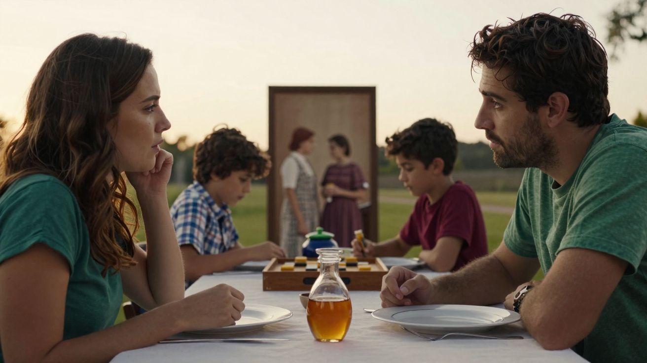 A man and woman sit at a table with empty plates while two boys play a game behind them outdoors at sunset.