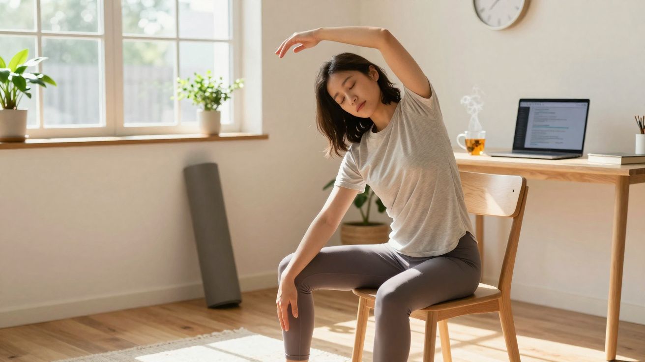Woman stretching sideways on a chair in a bright room with a laptop and plants on a wooden desk.