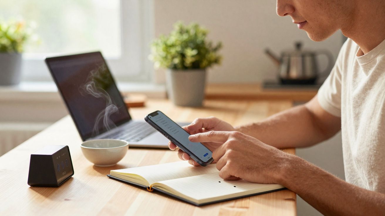 Person using smartphone and laptop with open notebook on table in a bright, cosy room
