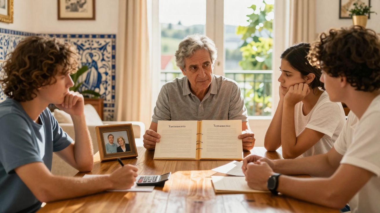 Elderly man showing a will document to three attentive young adults at a wooden table in a sunlit room.