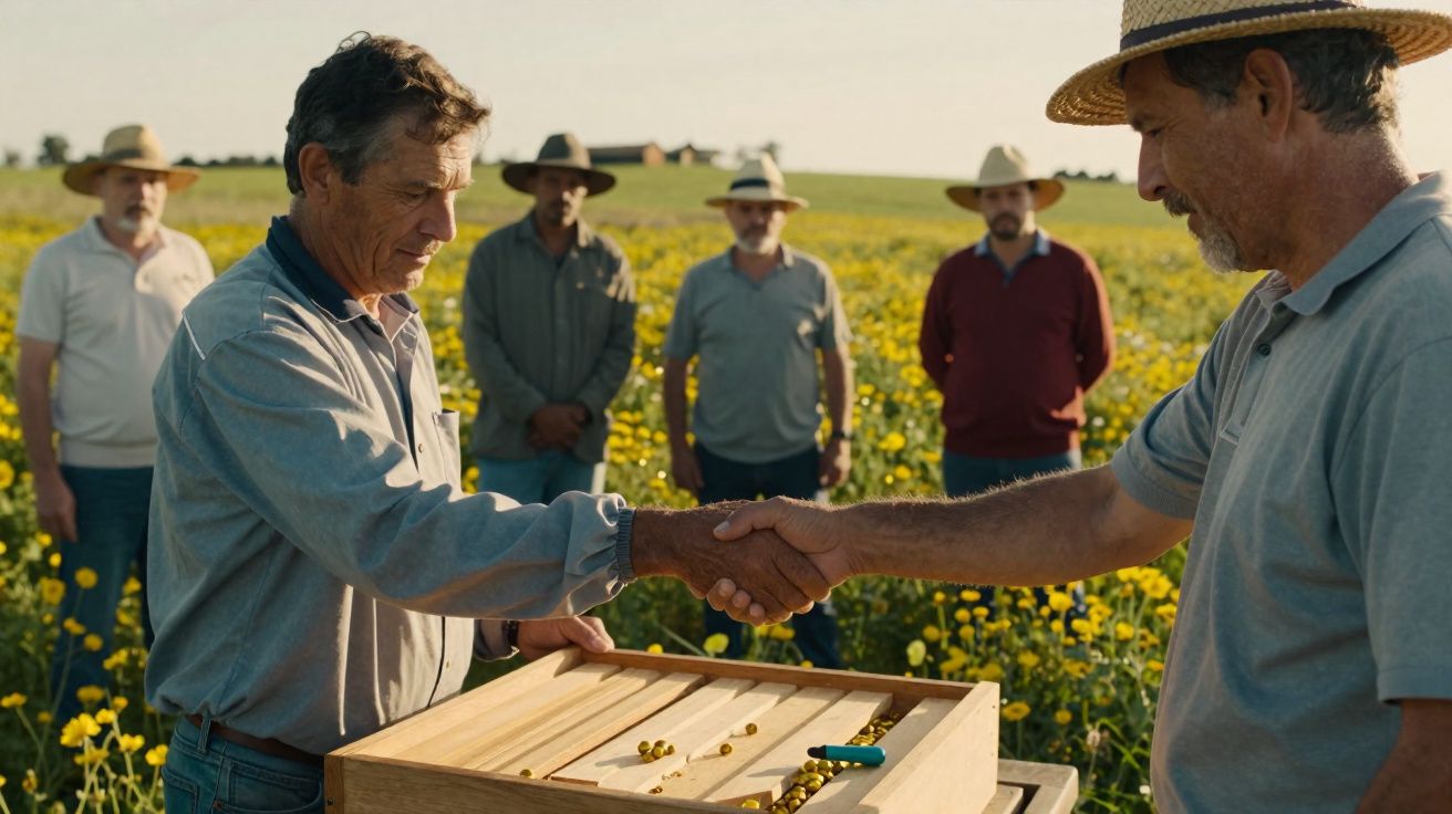 Two men shaking hands over a wooden box in a field with five men standing in the background.