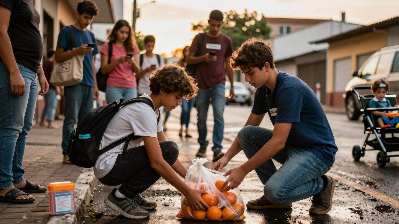 Two boys crouching on a street, placing oranges into a plastic bag, with people walking in the background.