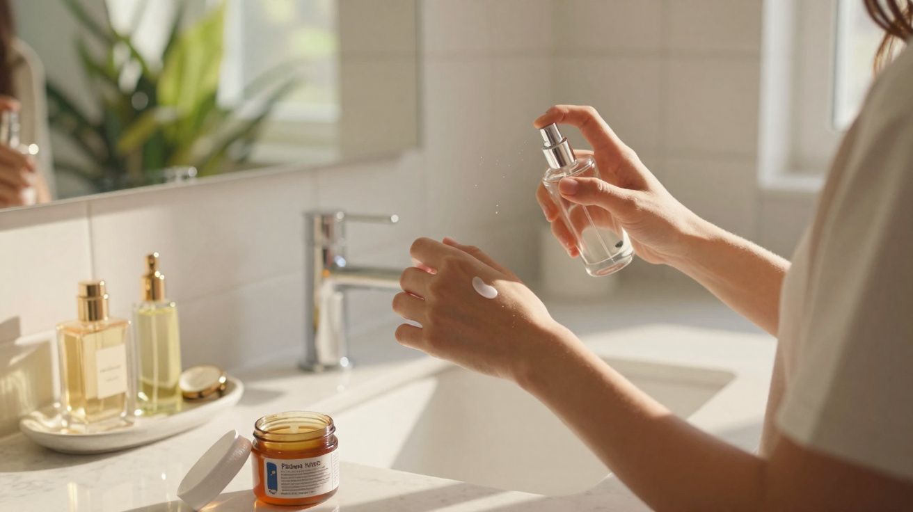 Person spraying perfume on lotion-covered hand in a bright bathroom with skincare products on the counter.