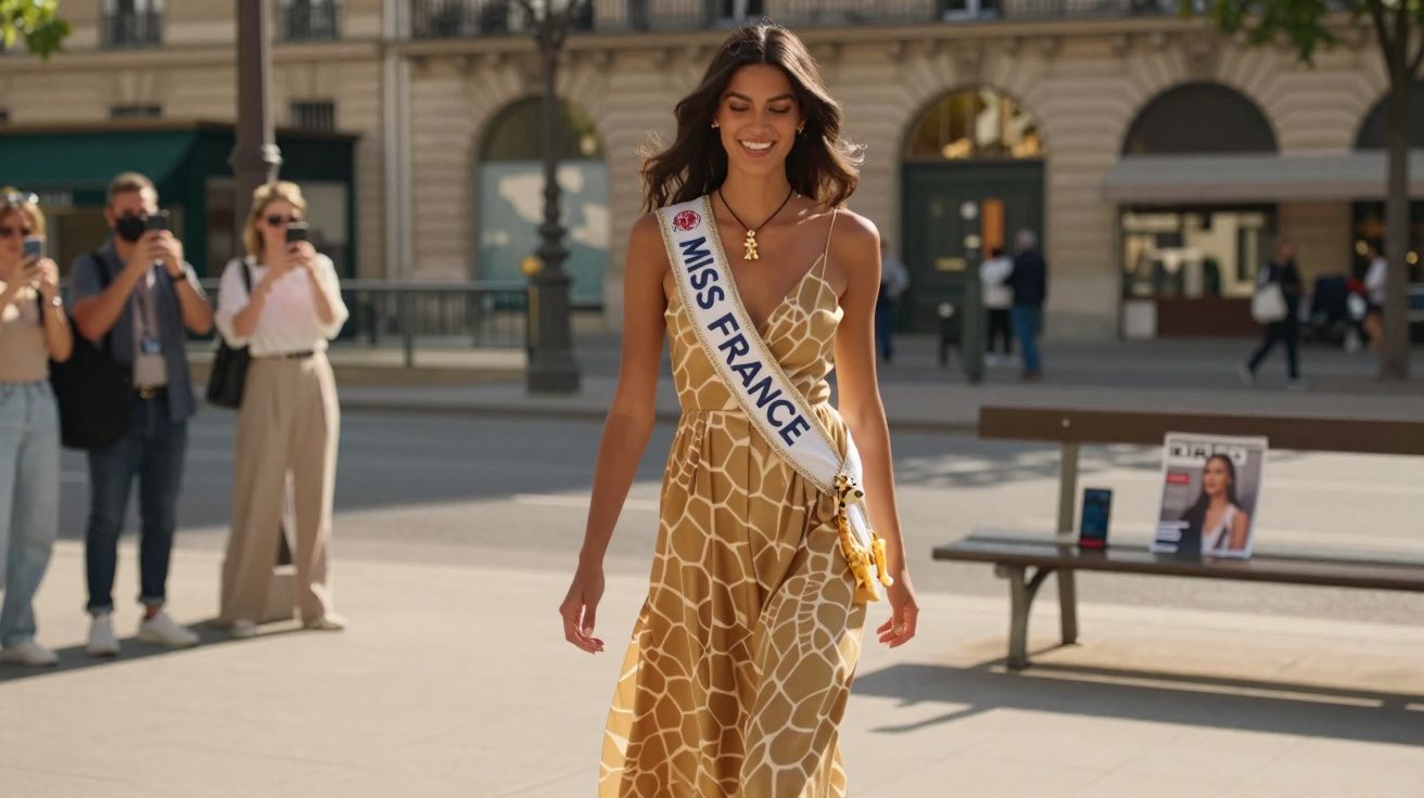 Miss France wearing a patterned dress and sash, walking outdoors with people and benches in the background.