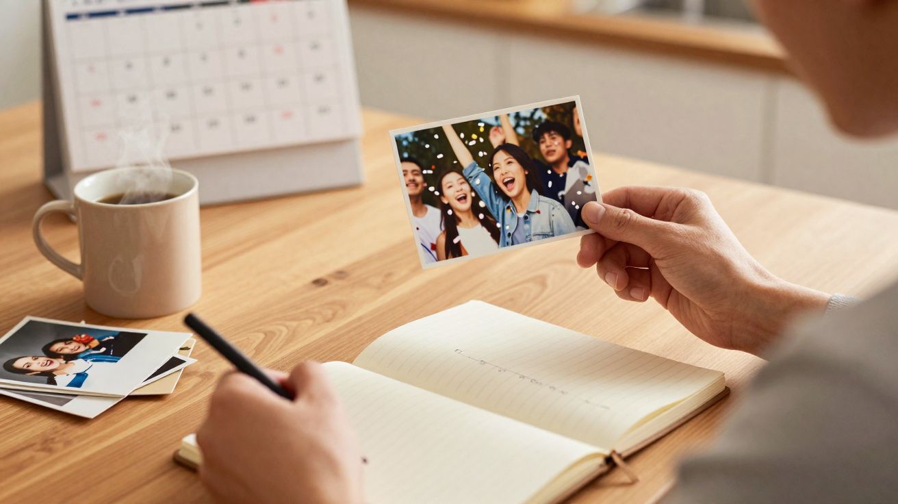 Person holding a photo of friends celebrating, sitting at a desk with a notebook, pen, calendar, and steaming mug.