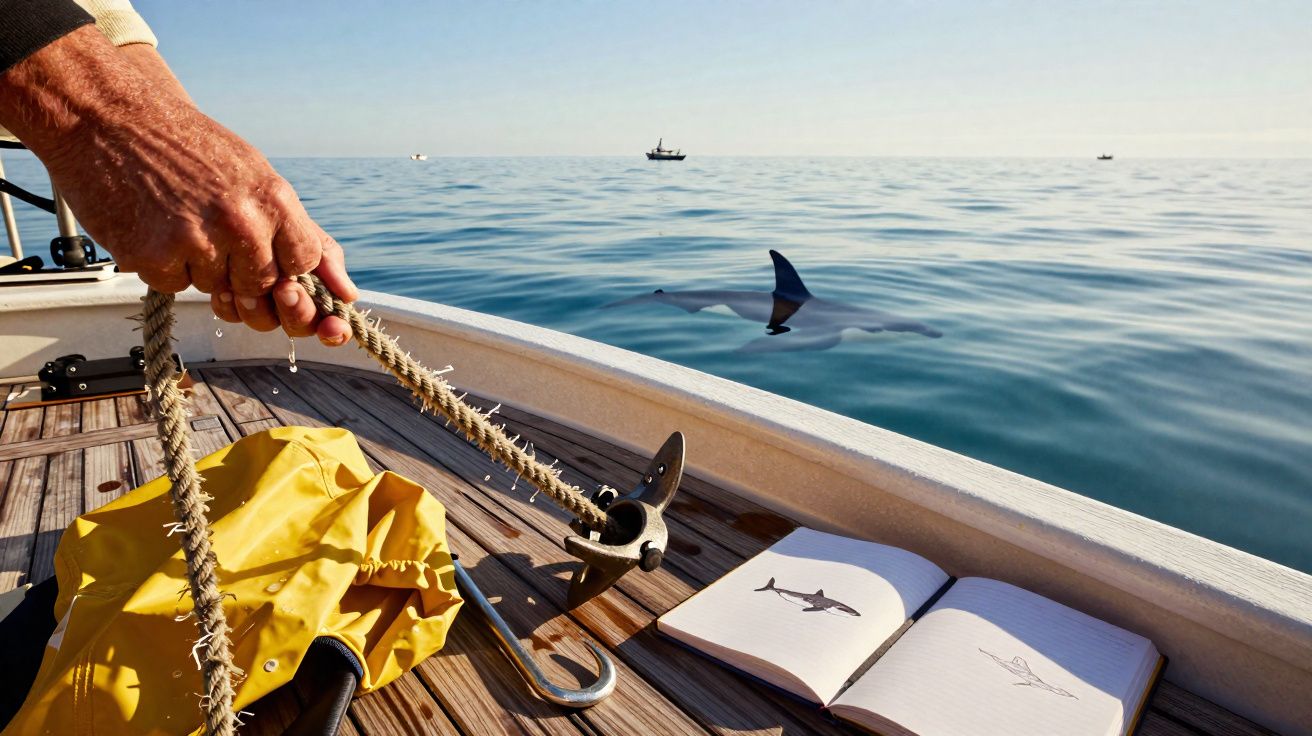 Close-up of a hand holding rope on a boat deck with a yellow raincoat, an open sketchbook of a hammerhead shark, and a shark 