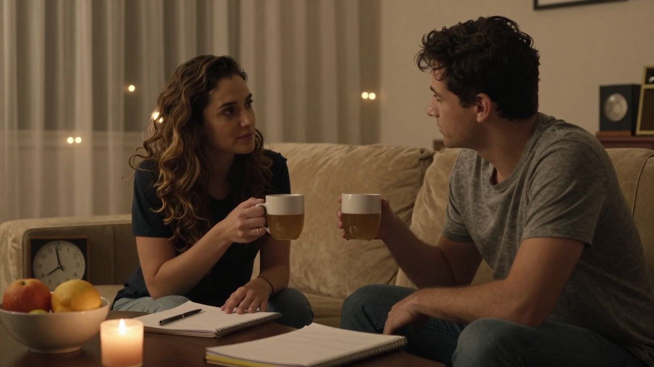 Two people sitting on a sofa having a conversation while holding mugs in a softly lit living room.