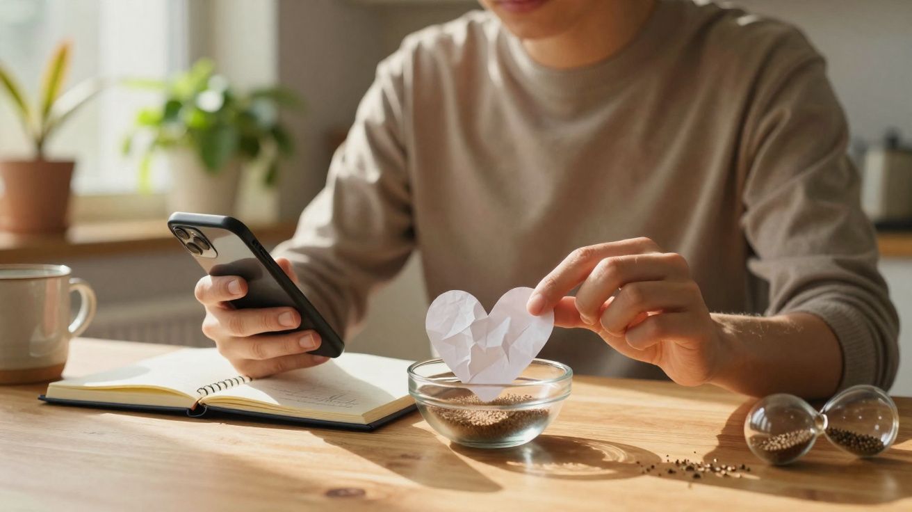 Person holding a crumpled paper heart over a bowl with scattered sand on a wooden table next to a phone and notebook.