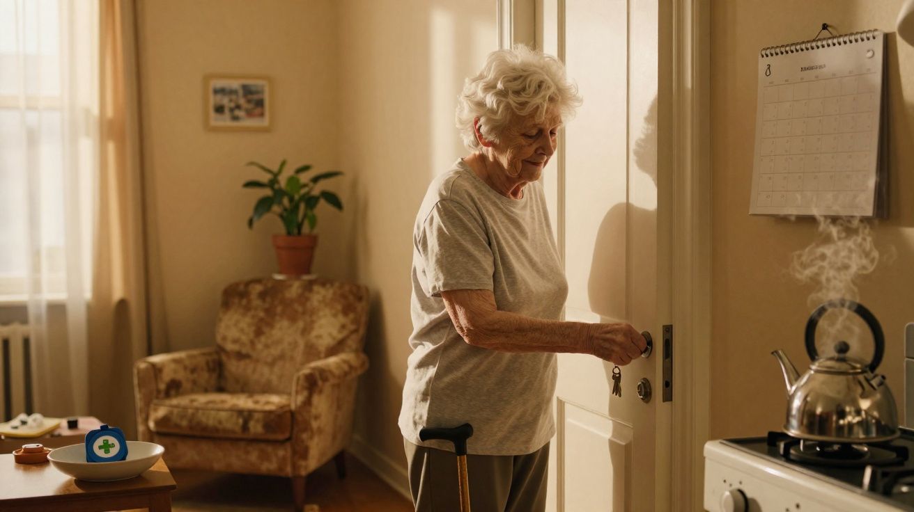 Elderly woman with a walking cane unlocking a door in a warmly lit living room with a steaming kettle nearby.