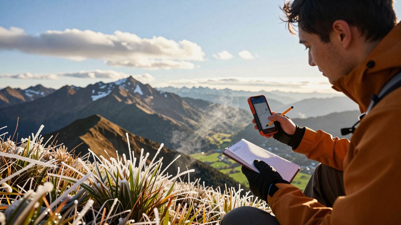Person in brown jacket using a phone and notebook on a frosty mountaintop with distant peaks under a cloudy sky.