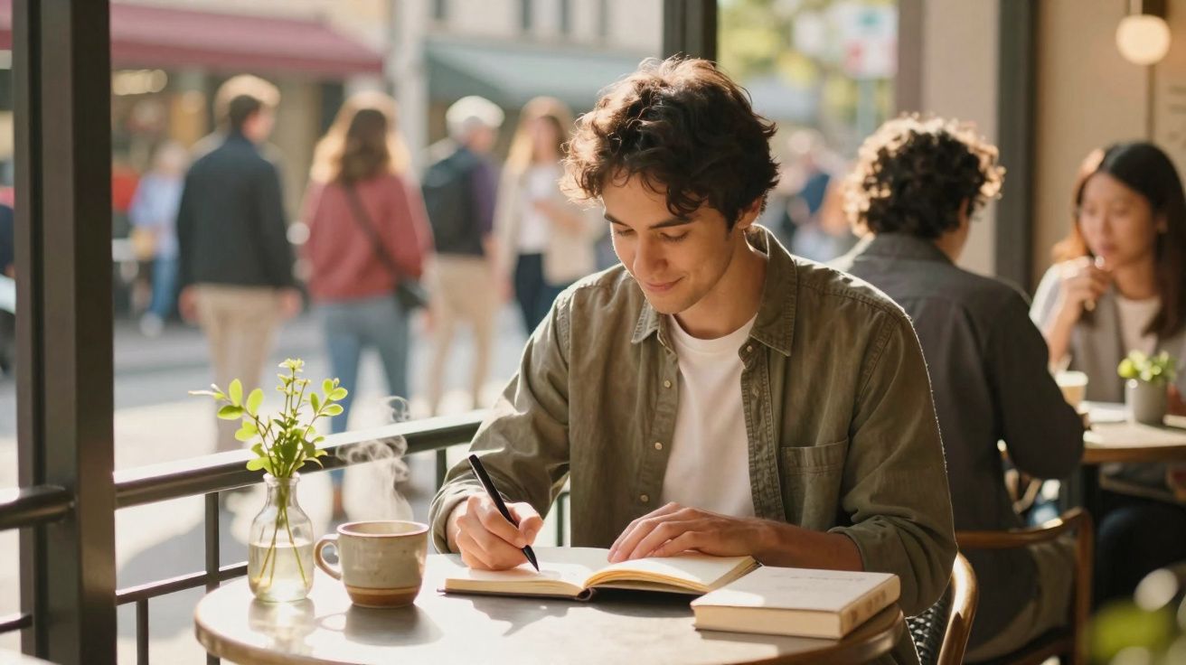 Young man writing in a notebook at a café table with a steaming cup and plants, people blurred in background.