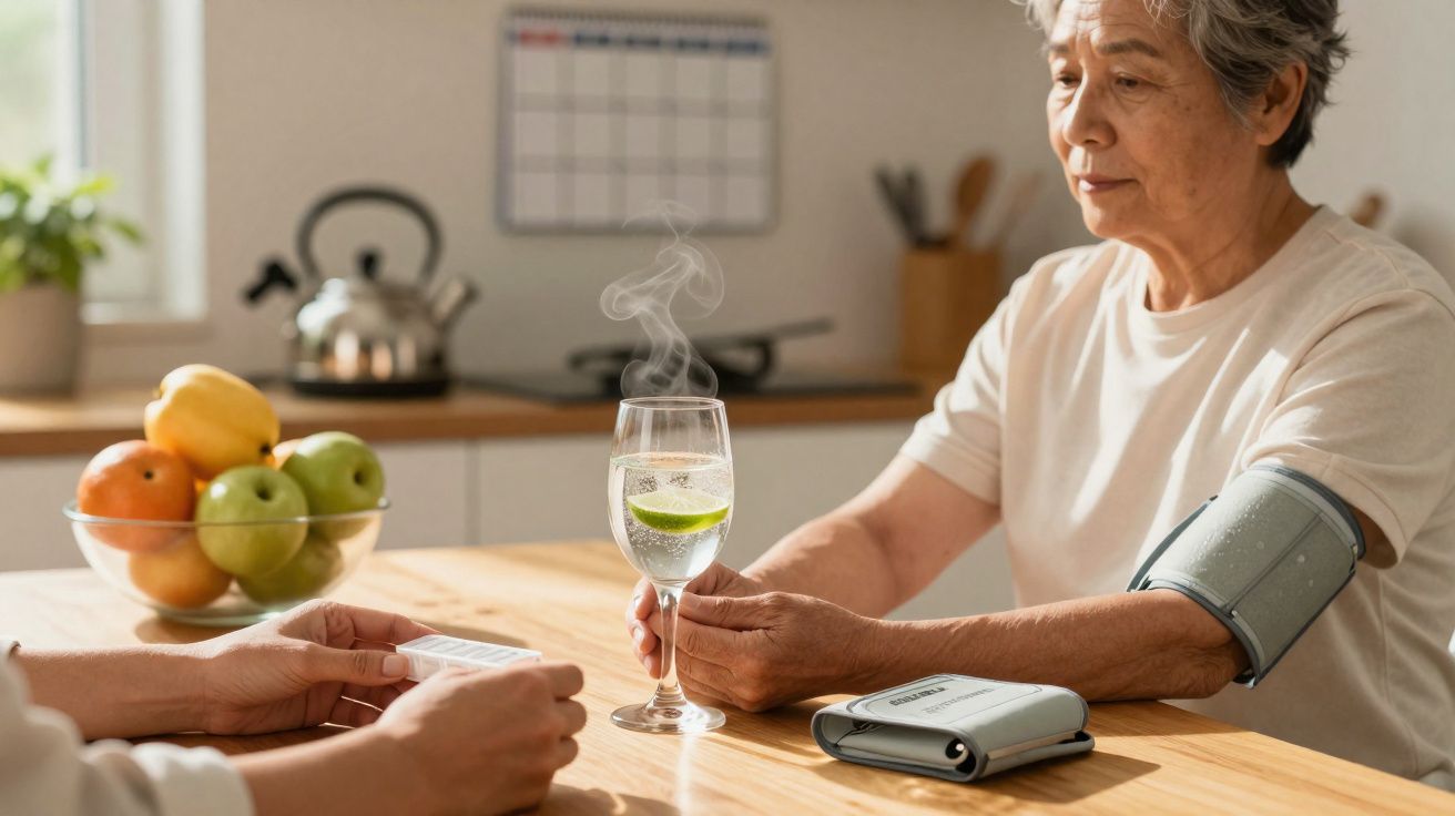 Elderly person with blood pressure cuff holding a steaming glass with lime, sitting at a kitchen table.