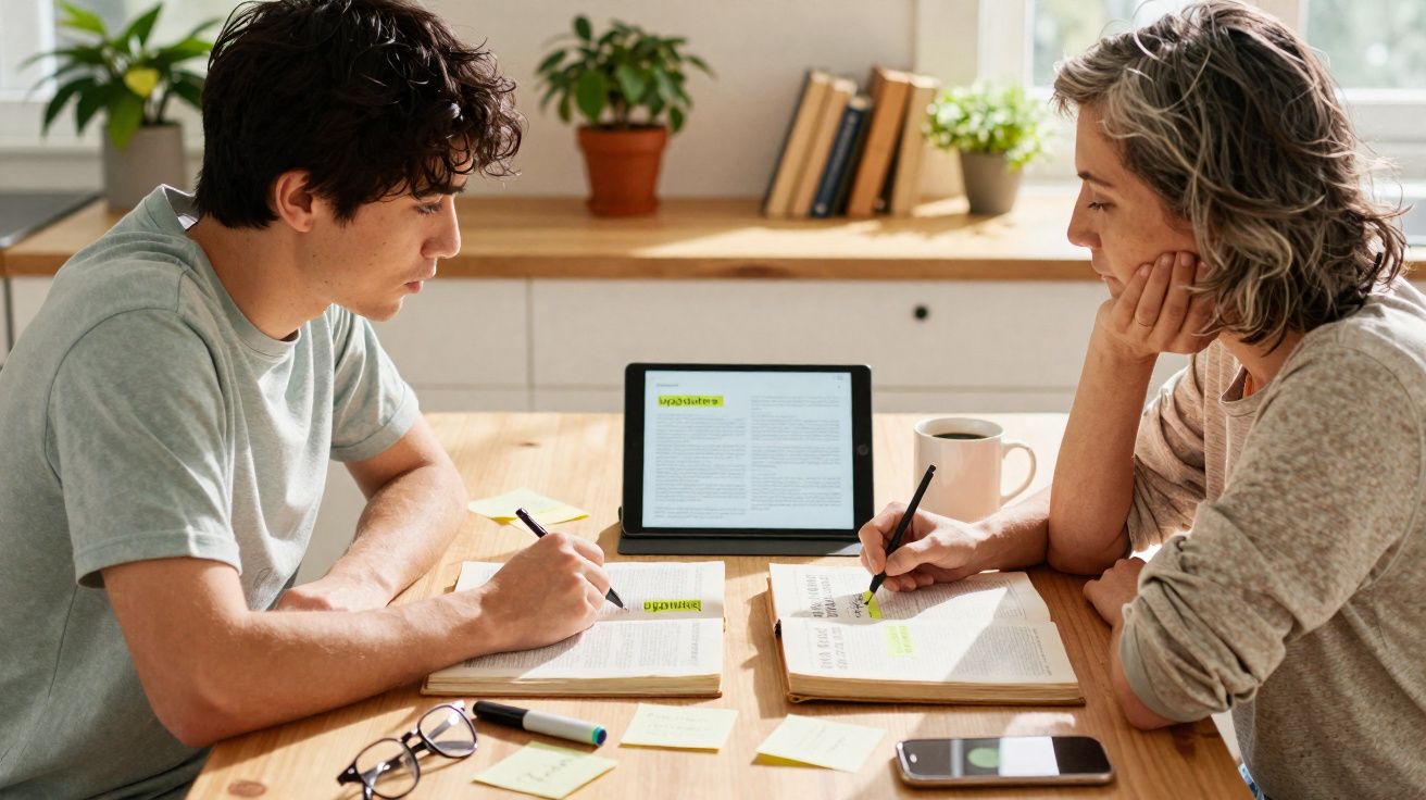 Two people studying together at a wooden table with books, tablet, and notes highlighted in yellow.