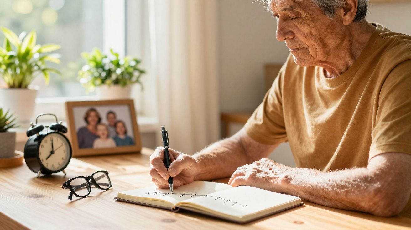 Elderly man in a yellow shirt writing in a notebook at a wooden table with clock, glasses, and family photo nearby.