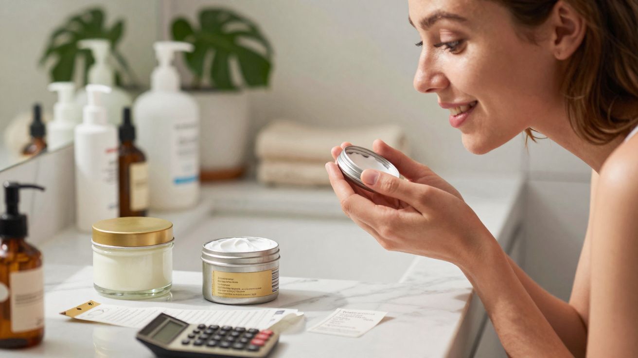 Woman smelling the scent of a skincare cream in a bright bathroom setting with products on the counter.