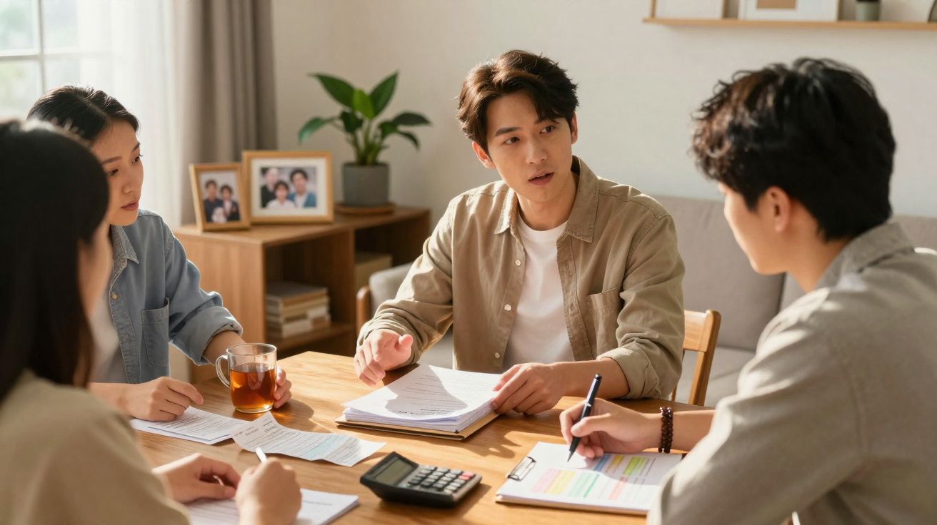 Four young adults seated around a table discussing documents and taking notes in a well-lit room.