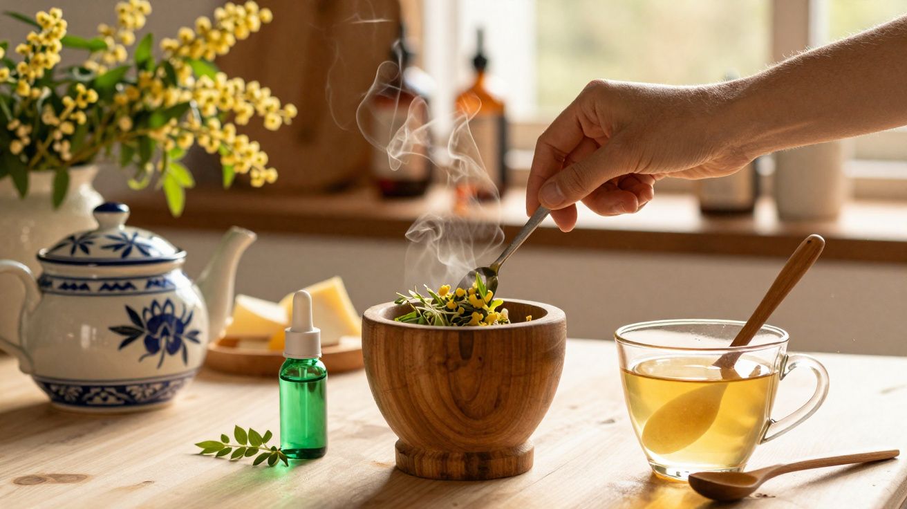 Hand stirring steaming herbal mixture in wooden bowl beside glass cup of tea and teapot on wooden table.