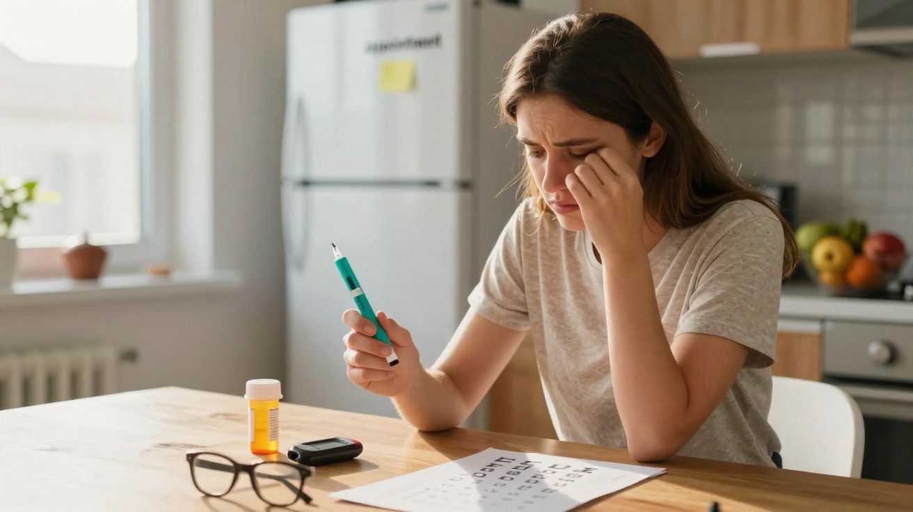 Stressed woman using eye dropper and reading an eye test chart at a kitchen table with glasses and medication.
