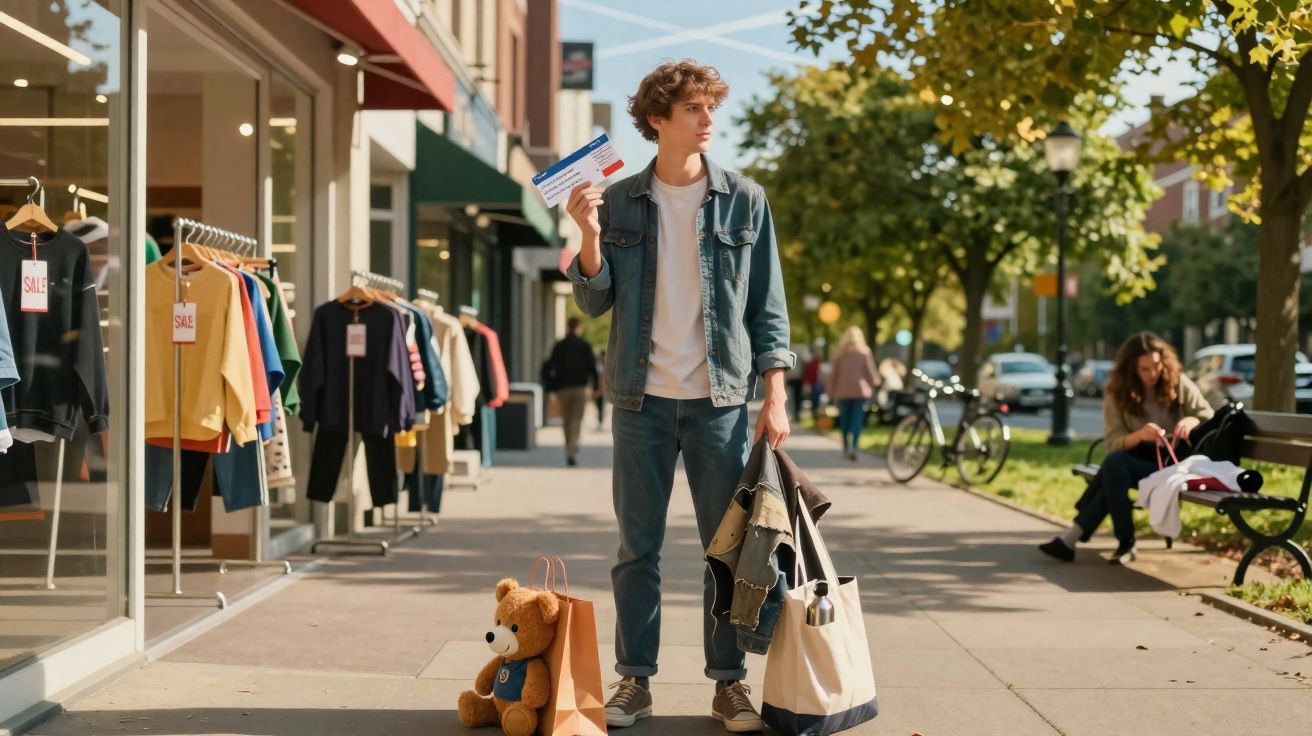 Young man holding shopping bags and receipts standing on a city sidewalk near clothing stores on sale.