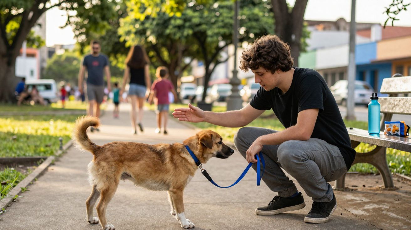 Young man training his brown dog on a lead in a sunny park with people walking in the background.