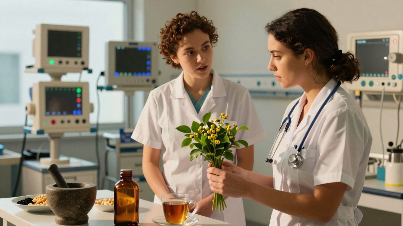 Two female doctors in white coats discuss a medicinal plant in a clinical setting with medical equipment.