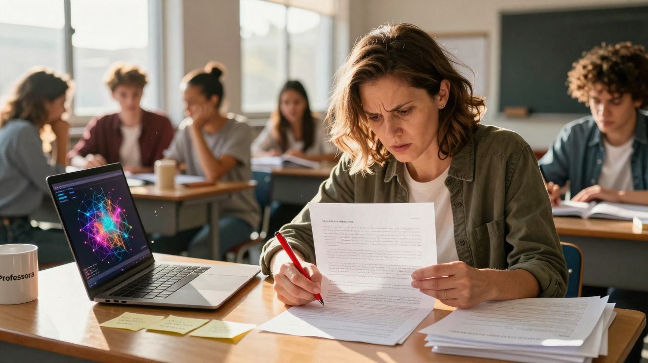 Teacher marking papers with a red pen in a classroom while students study in the background.
