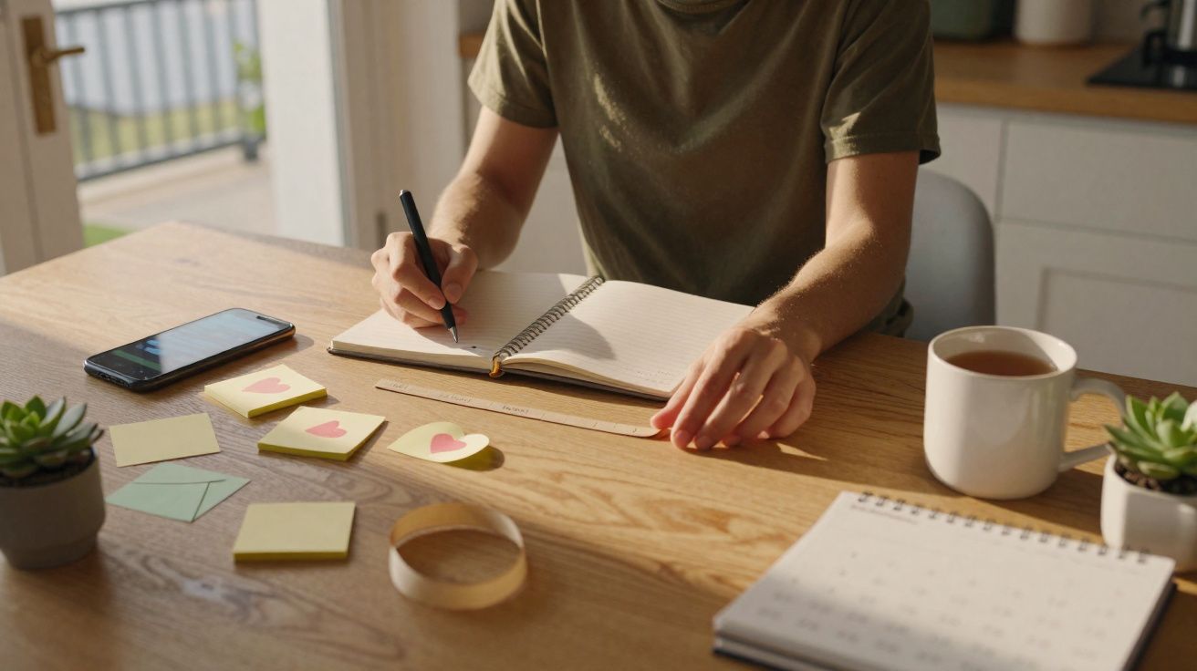 Person writing in a notebook at a wooden table with sticky notes, a smartphone, a calendar, and a cup of tea.